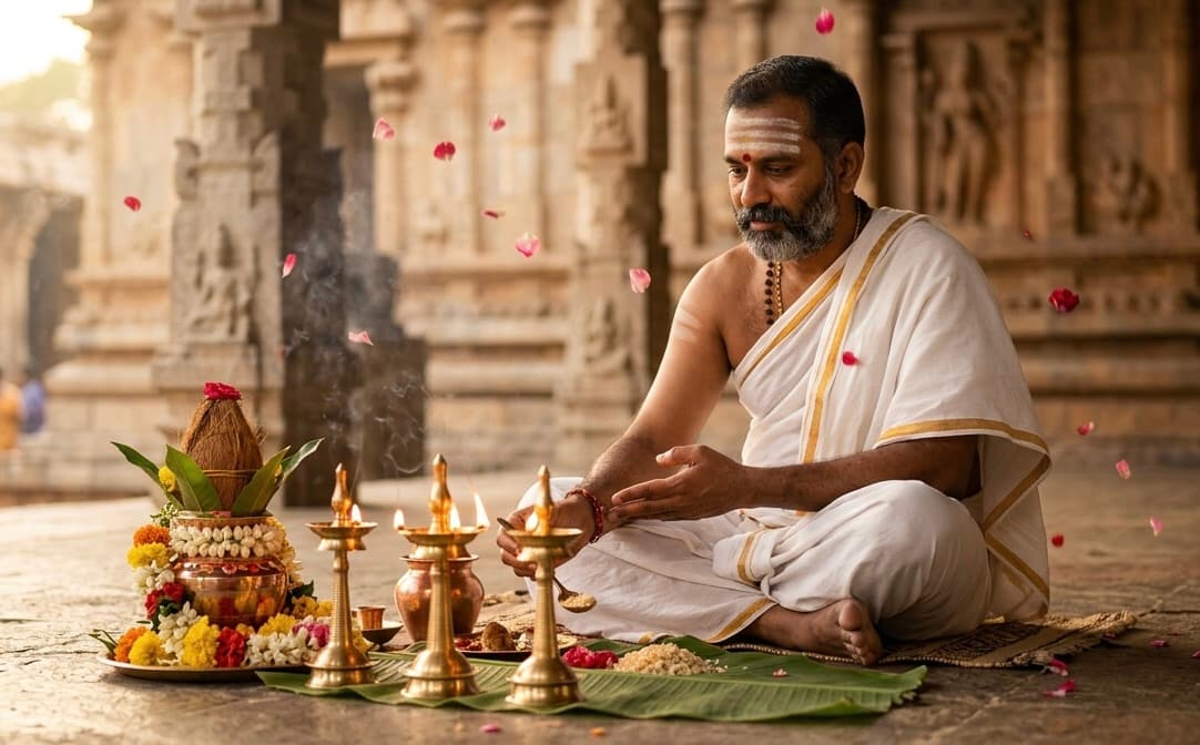 Verified pandit performing a Hindu puja ceremony